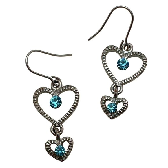 Dainty Heart Dangle Earrings Sparkling Blue Rhinestone Sweet Romance Whimsy - Picture 6 of 6